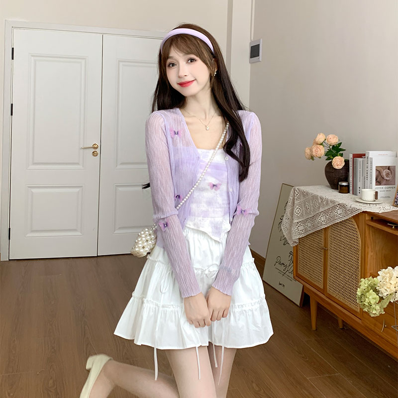 法式纯欲短款开衫上衣防晒开衫吊带立体蝴蝶两件套