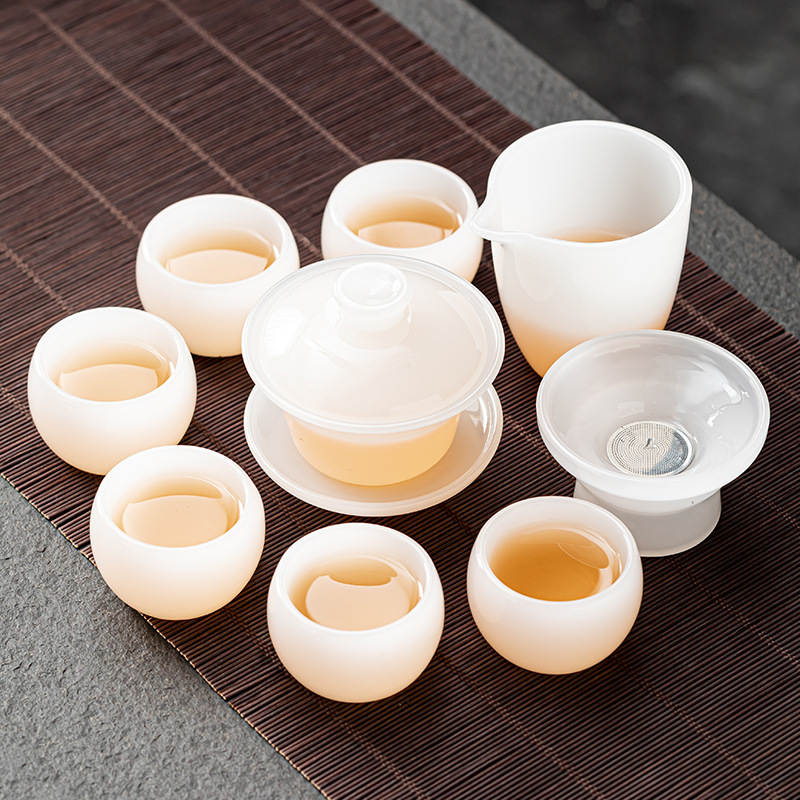 高档琉璃茶具套装家用简约防烫手玉瓷盖碗茶杯茶壶泡茶整套茶具