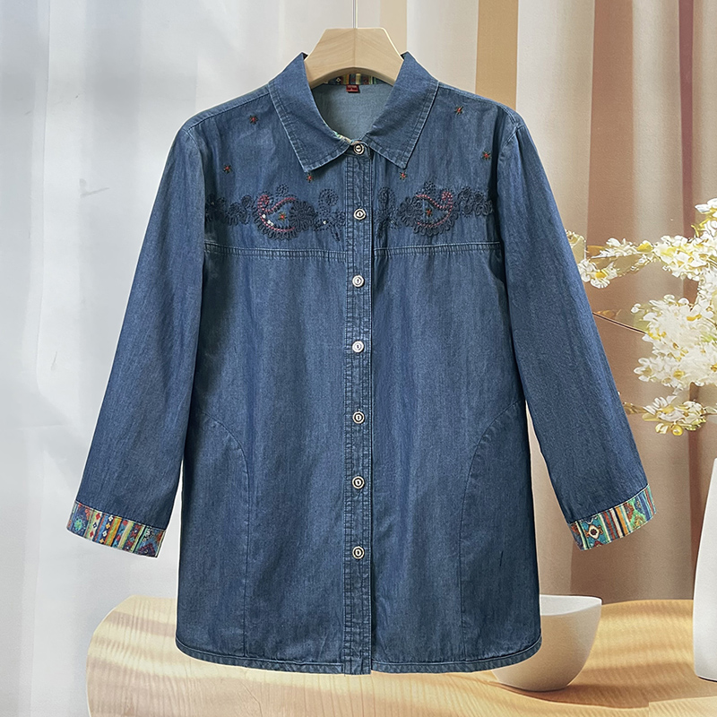 中老年人妈妈夏季纯棉衬衫25年夏装新款奶奶全棉牛仔蓝衬衣老太太
