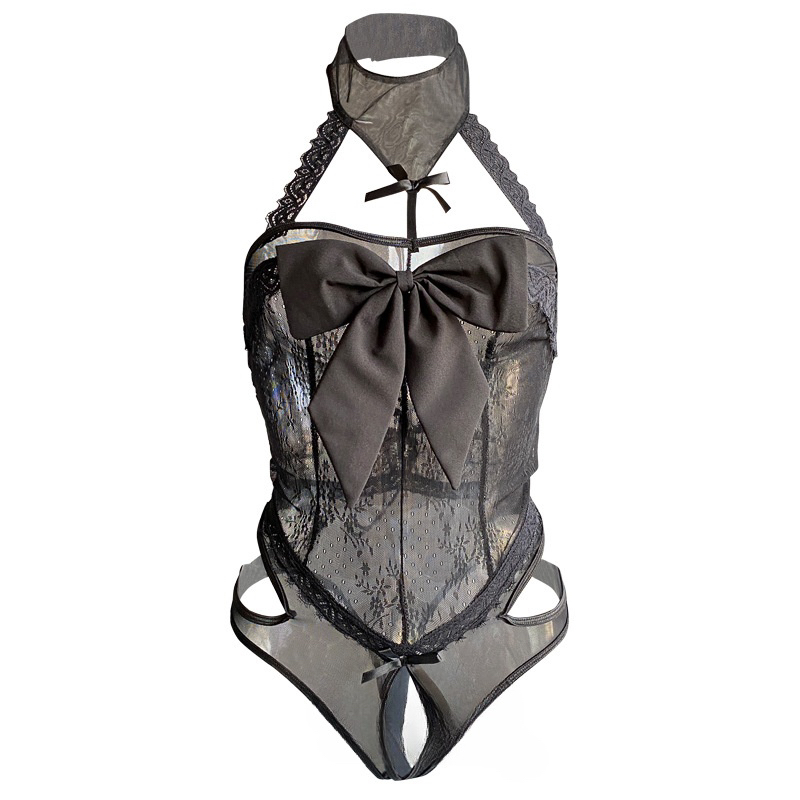 性感时尚气质挂脖显瘦辣妹纯欲修身设计感黑色诱惑蕾丝蝴蝶结睡衣