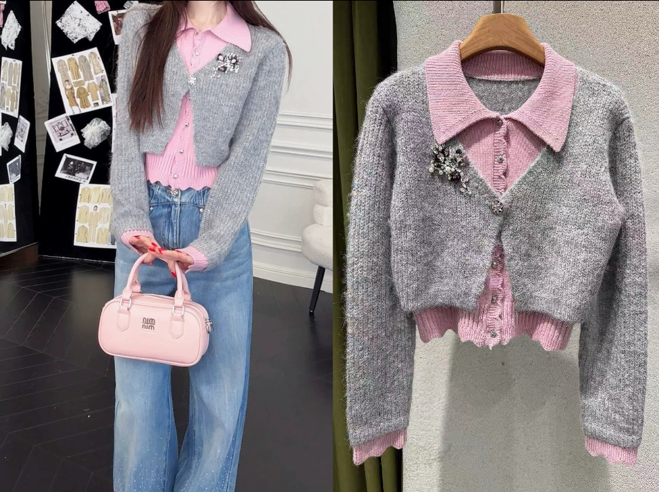 姐魅定制新款羊驼毛羊毛混纺纱线高级灰拼粉色娃娃领假两件套上衣