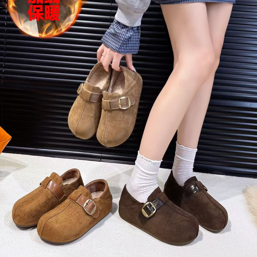 冬季新款纯色复古港风加绒棉鞋韩版时尚勃肯鞋两穿增高保暖雪地鞋