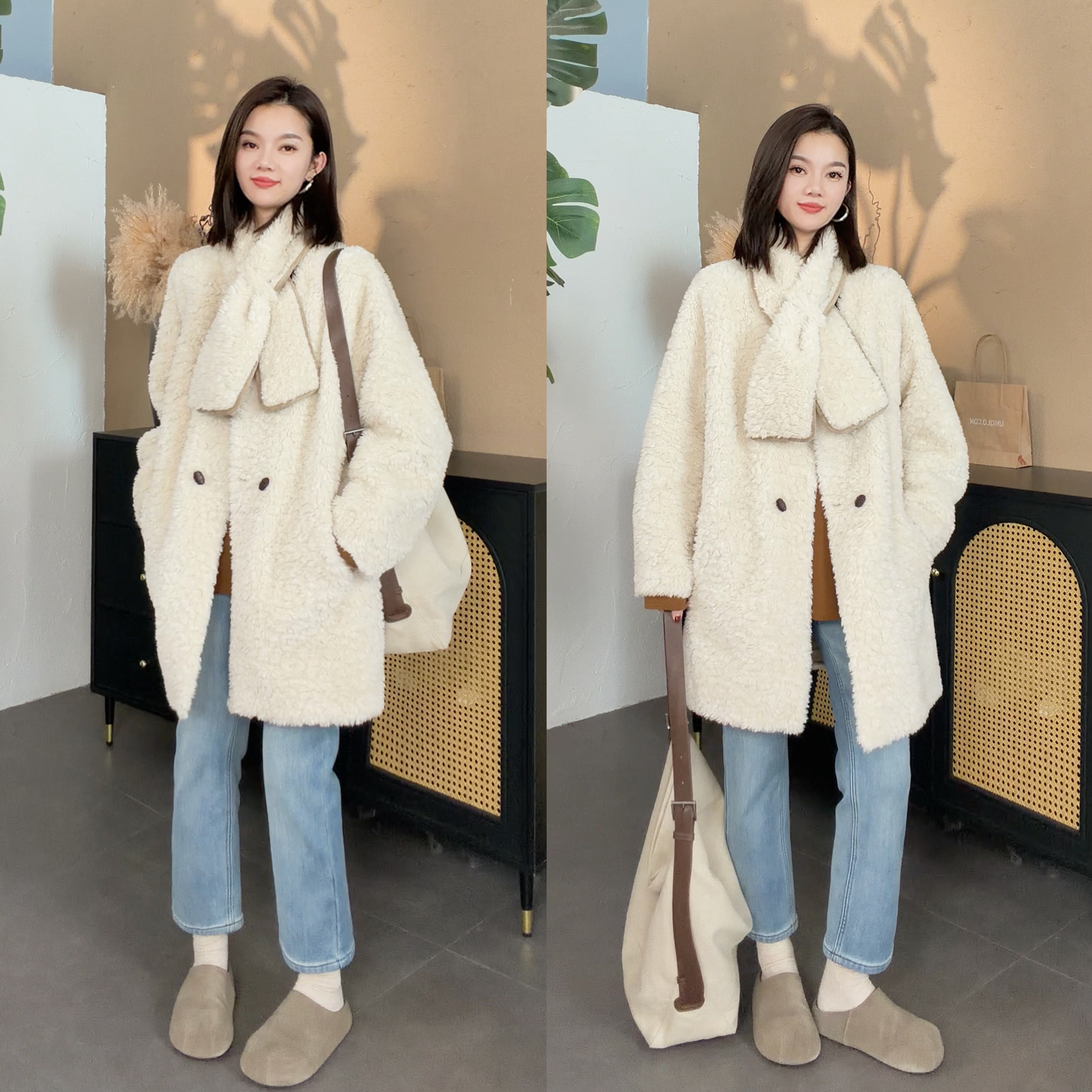 【SI MO】100095韩系温柔冬款休闲中长款无领毛毛外套+围脖