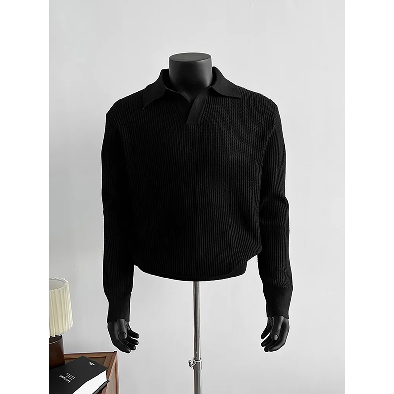 黑色老钱风针织polo衫男秋季boxy短款长袖t恤高级感华夫格v领毛衣