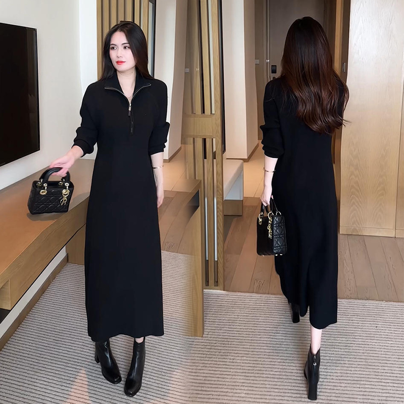 慵懒风秋冬季长款连衣裙长裙洋气拉链宽松黑色显瘦针织打底毛衣裙