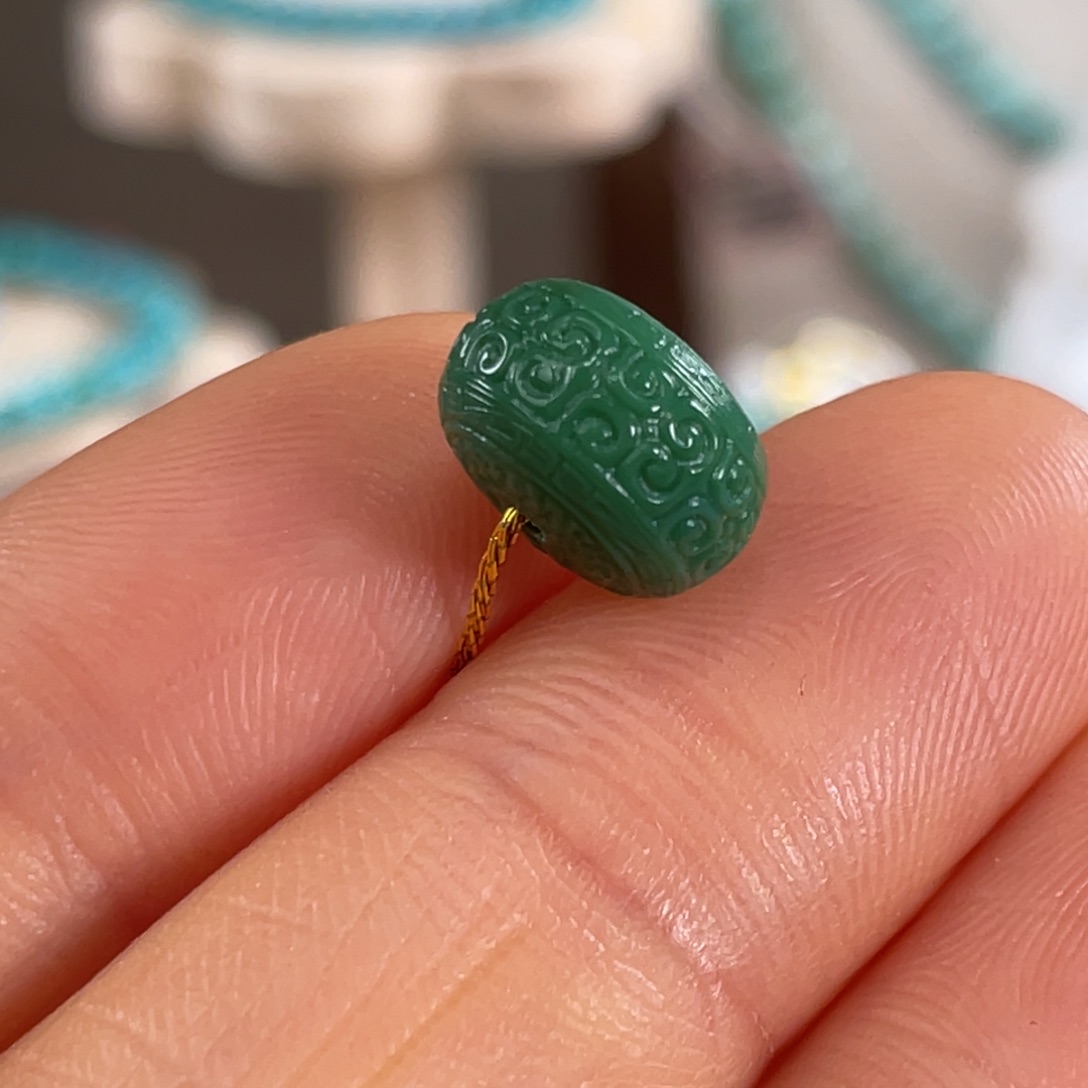 绿松石未镶嵌套链高瓷玉化绿回纹鼓珠10.7mm