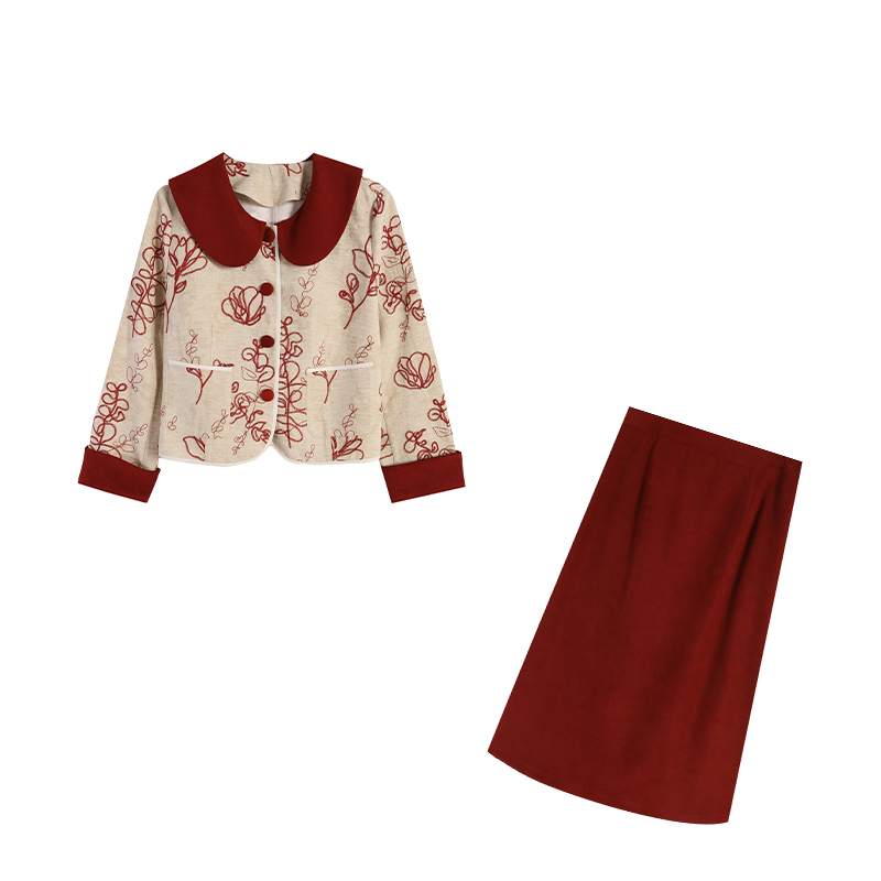 橘子-五季家/新中式刺绣杏色上衣+红色长半裙两件套ZL110991