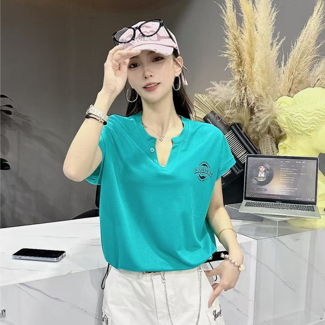 夏季新款9581#冰棉盖袖V领短袖T恤宽松时尚百搭