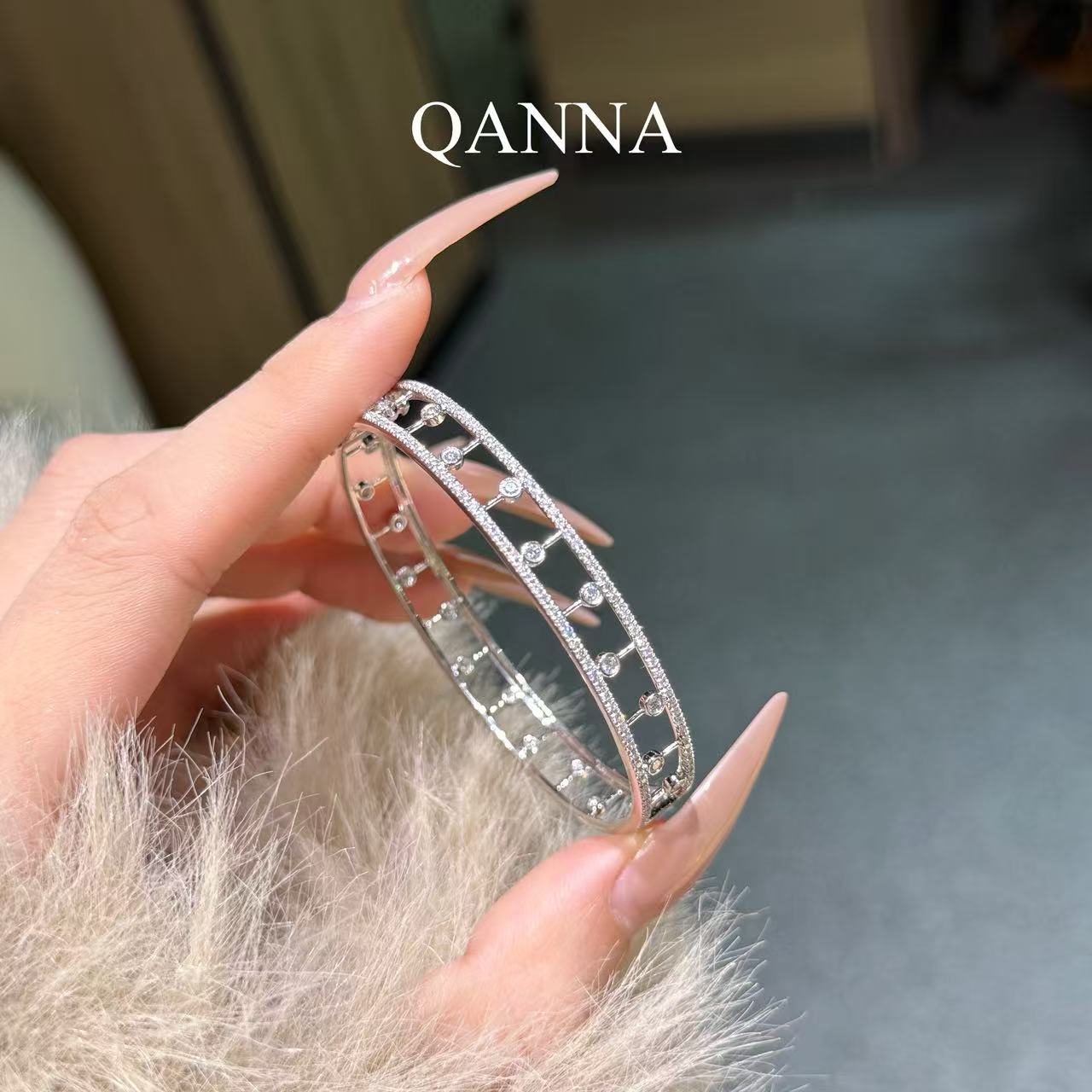 QANNA【宽版露珠手镯】【设计款重金版】豪华叠戴百搭满钻钻石手镯AY
