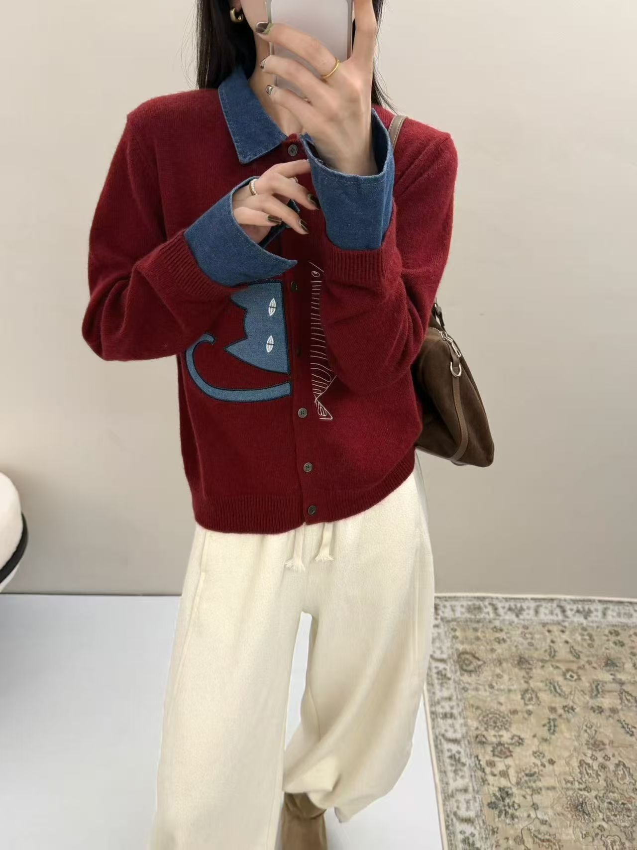 MeiQi 欧洲站！小猫贴布撞色小鱼刺绣设计假两件针织衫毛衣A4065