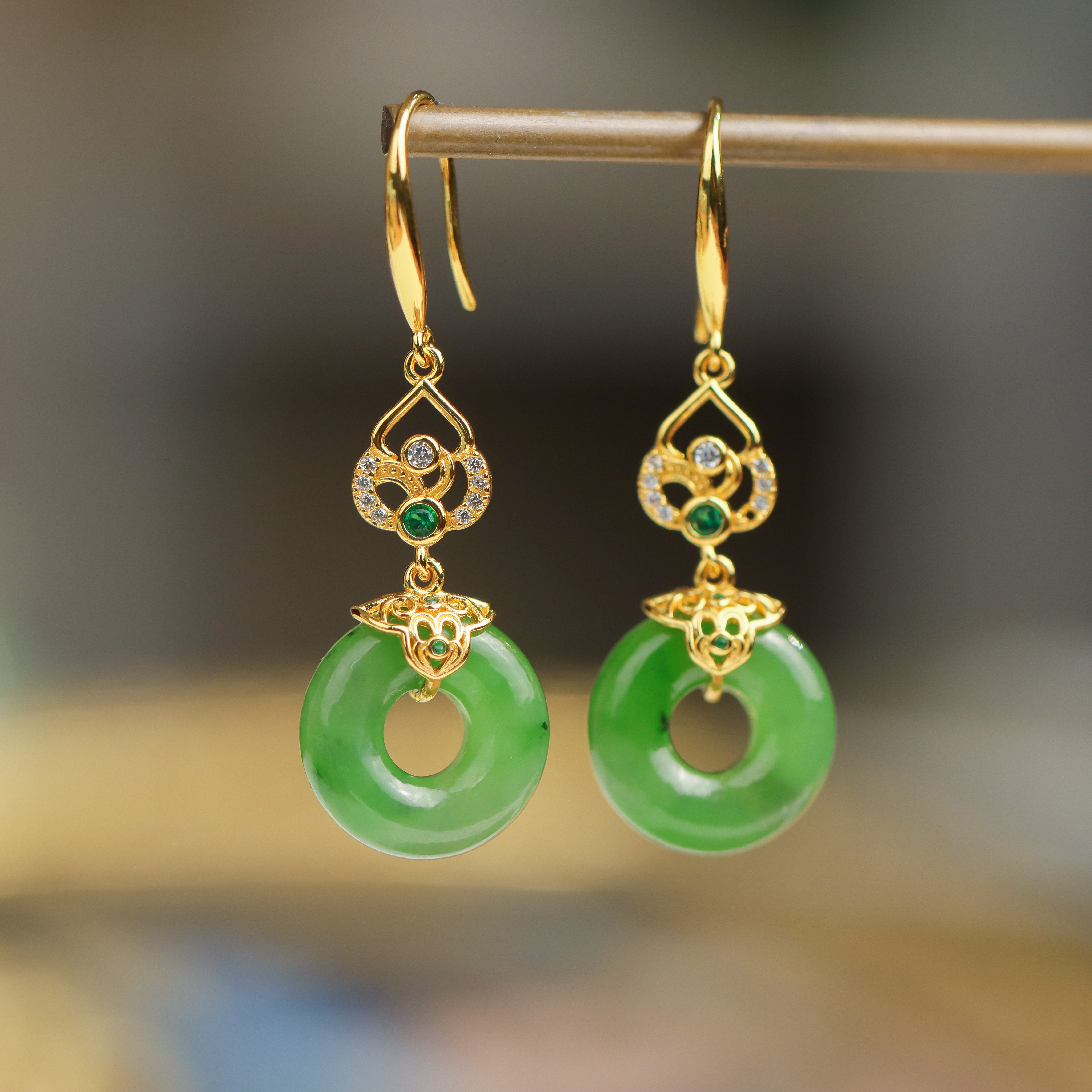 S925银镀金镶嵌和田玉碧玉葫芦平安扣民族风女款耳坠