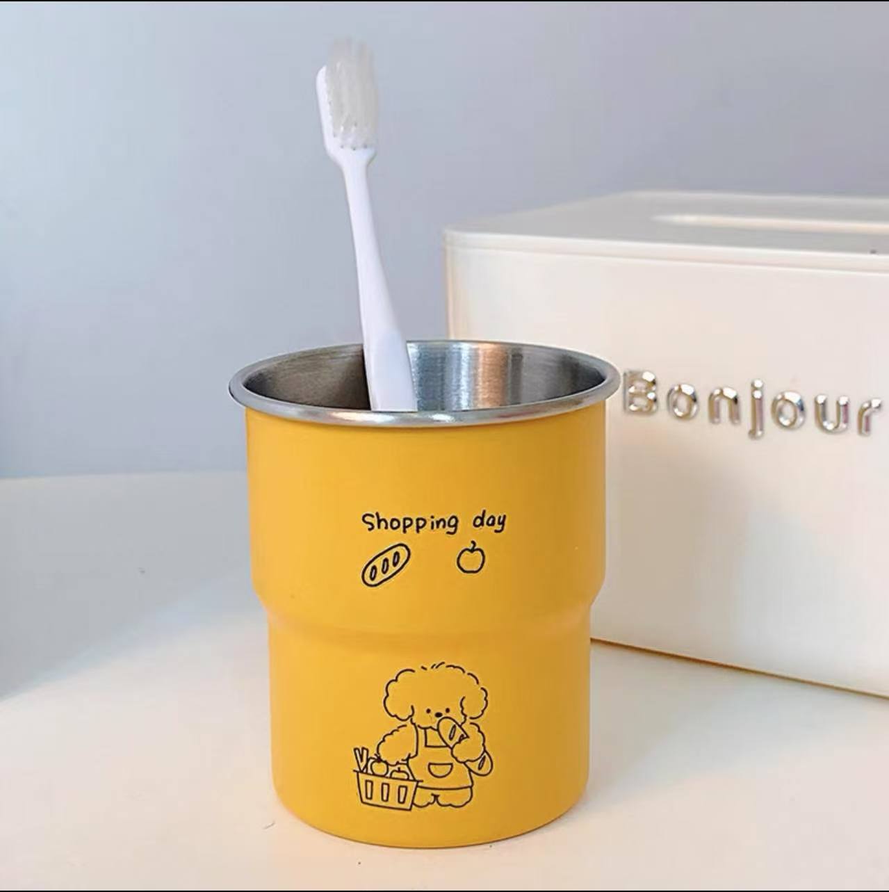 M797 原创卡通线条小狗漱口杯304面包小狗阶梯杯-小米黄301-400ml