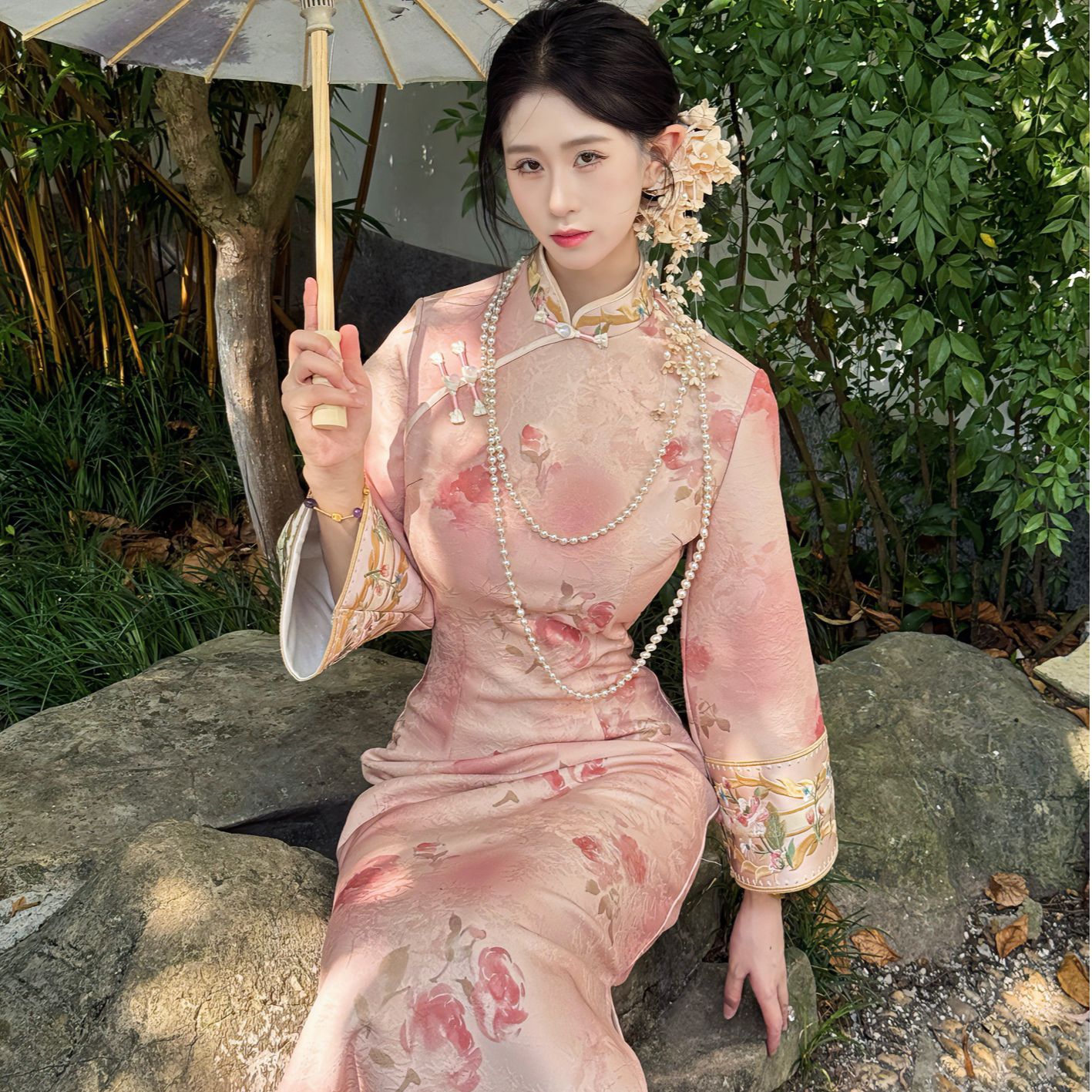 LHMknk1画报夫人原创自制秋冬厚款针织提花旗袍 英花月夕倒大袖