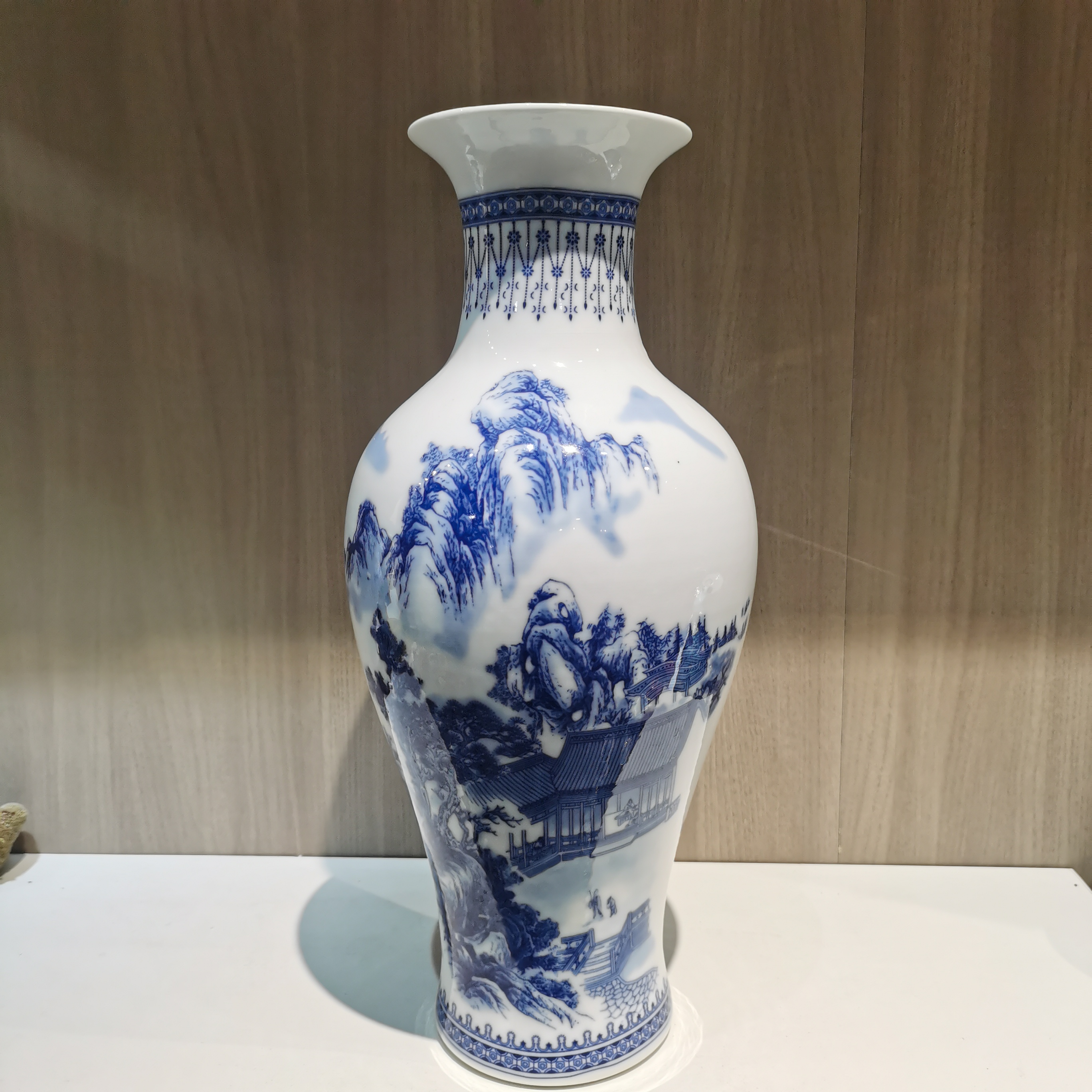 景德镇陶瓷花瓶青花山水鱼尾瓶44公分高