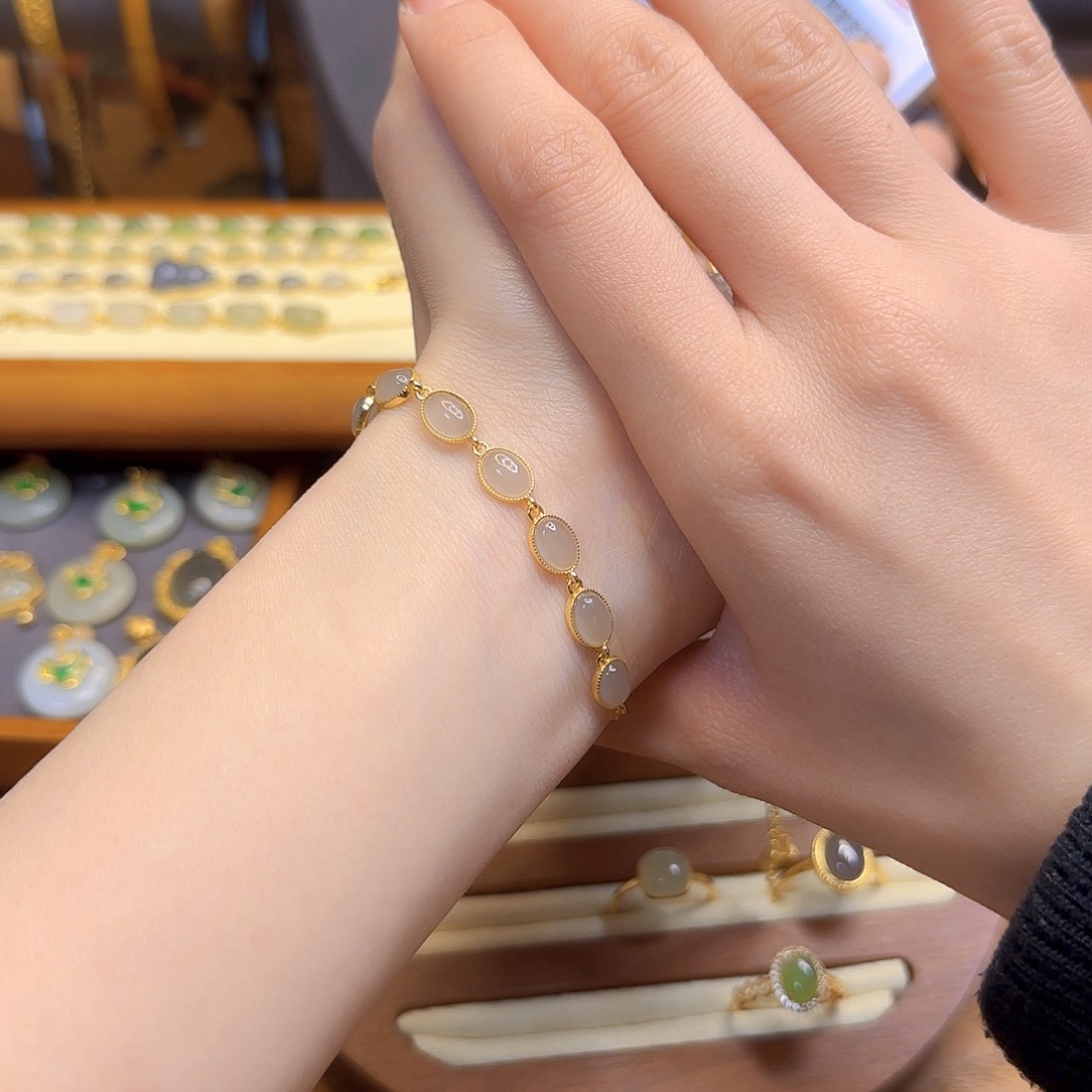 和田玉手链银S925镀金镶嵌