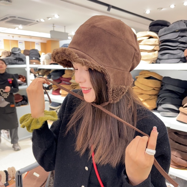 【D078】韩系麂皮绒护耳雷锋帽系带飞行帽保暖加厚显脸小2025新款