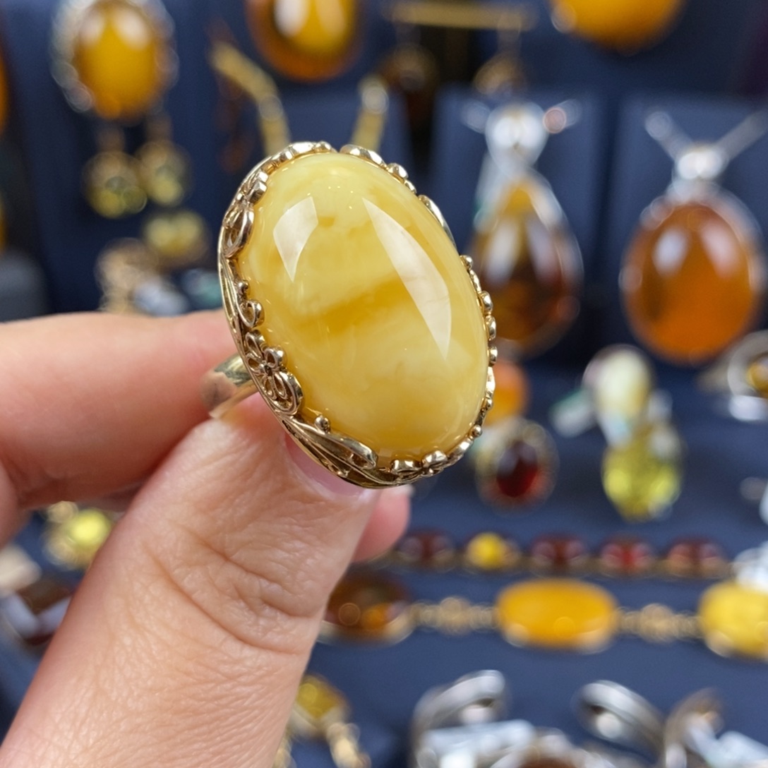 琥珀戒指银S925镀金镶嵌