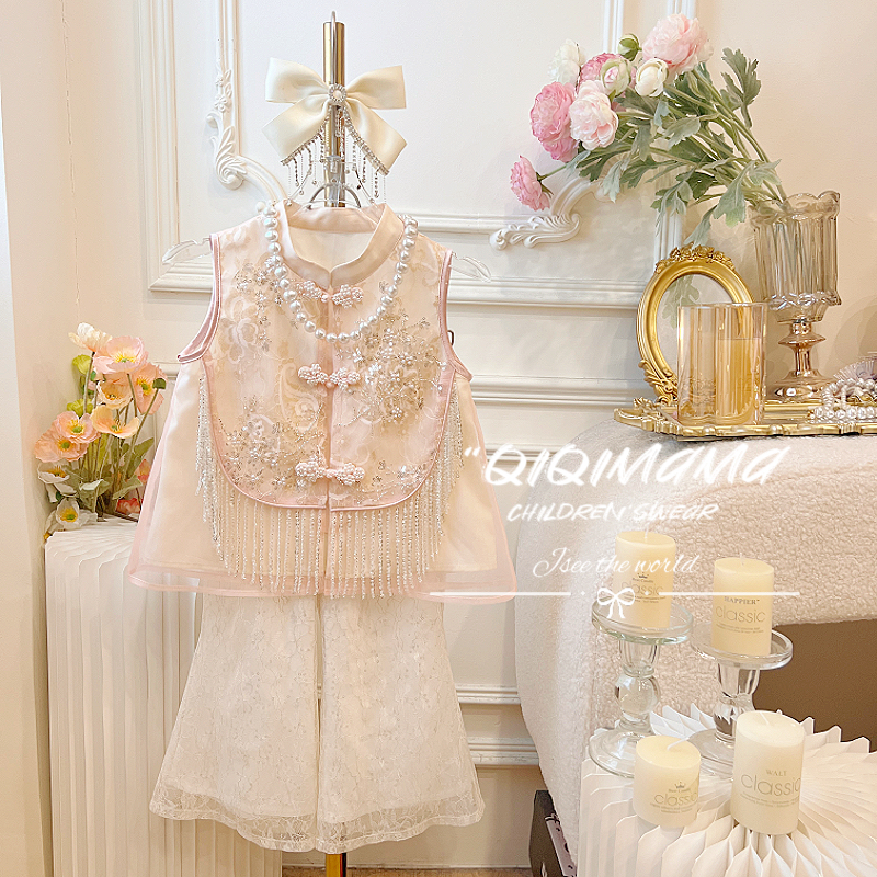 【QI奇妈现货】女童中国风马甲新中式儿童女宝精致童装套装Q0614