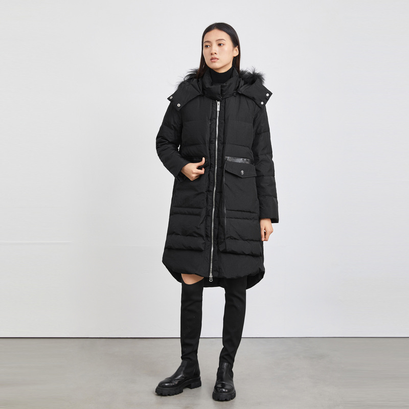 S·DEER圣迪奥女装毛领连帽时尚不规则黑色长款羽绒服S214Z2467