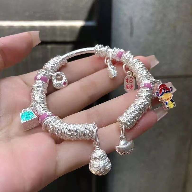 B29【约41g7MM】999.9银盘缠吉言铃铛开口实心手镯C36