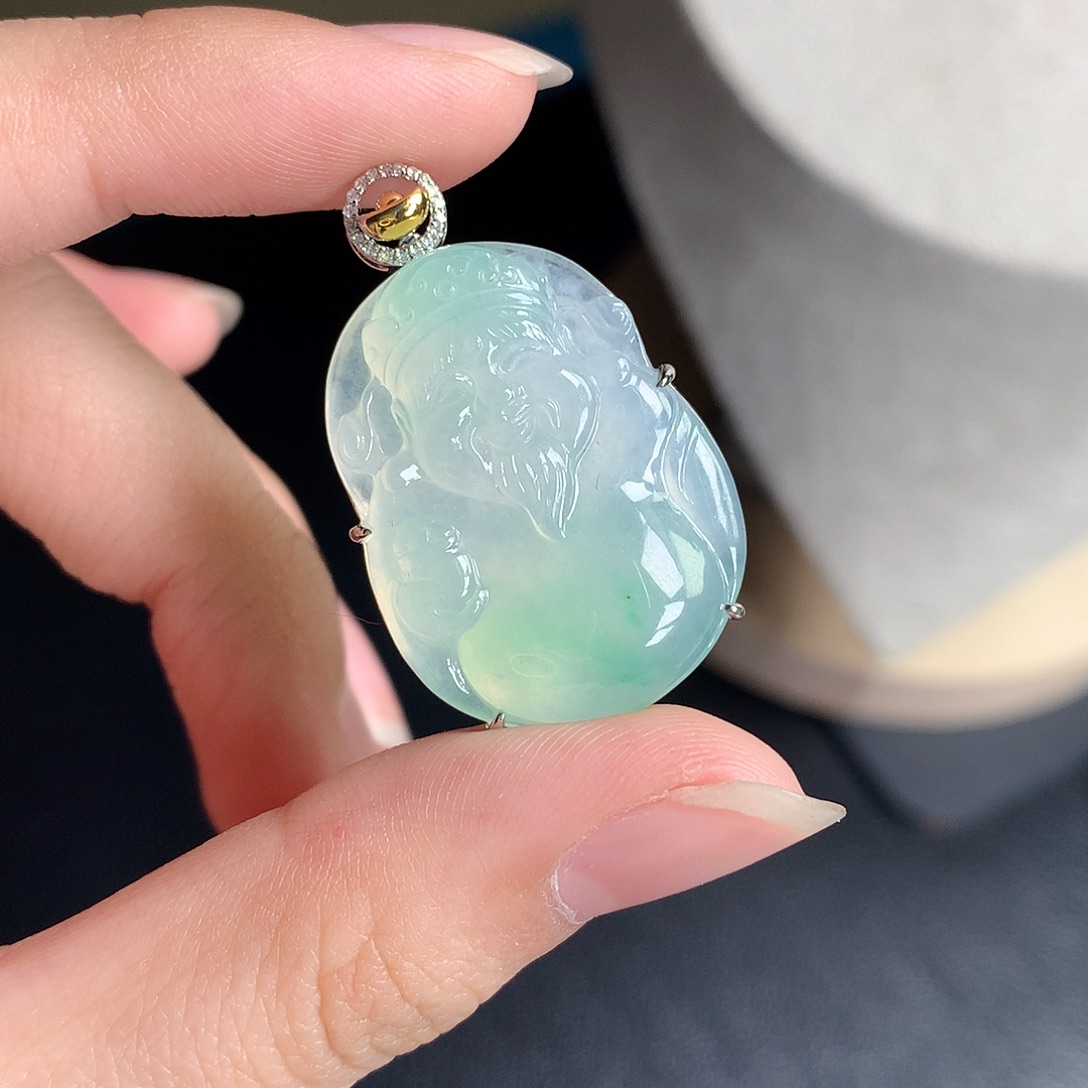 翡翠裸石18K金镶嵌缅甸天然A货翡翠冰种财神