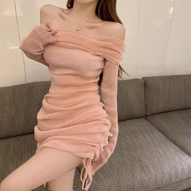 【061-080】法式长袖针织辣妹显瘦抹胸裙露肩纯色收腰连衣裙设计感