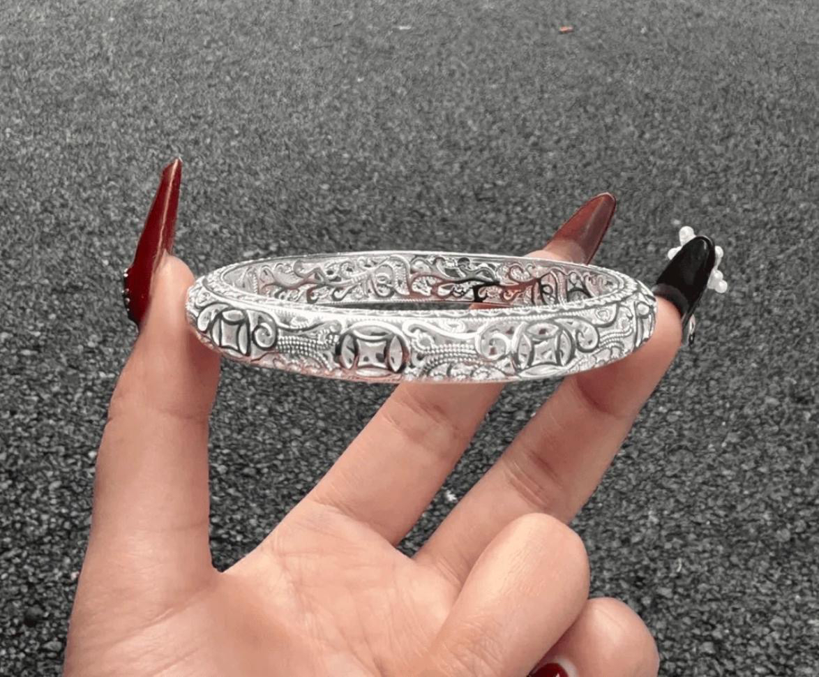 足银手镯 A68足银9999浮雕镂空掐丝金钱招财进宝闭口手镯宫廷风