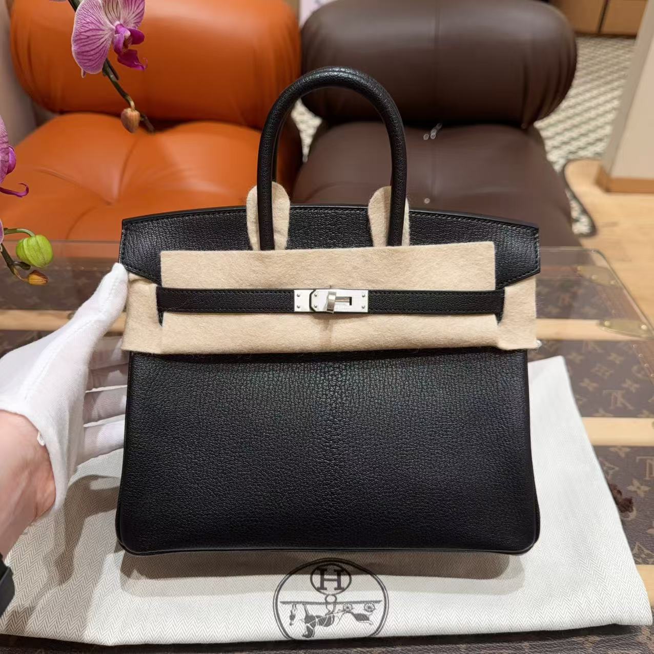 未使用 Hermes/爱马仕  birkin 25 黑色 拉丝银扣内拼棕 马蹄刻印