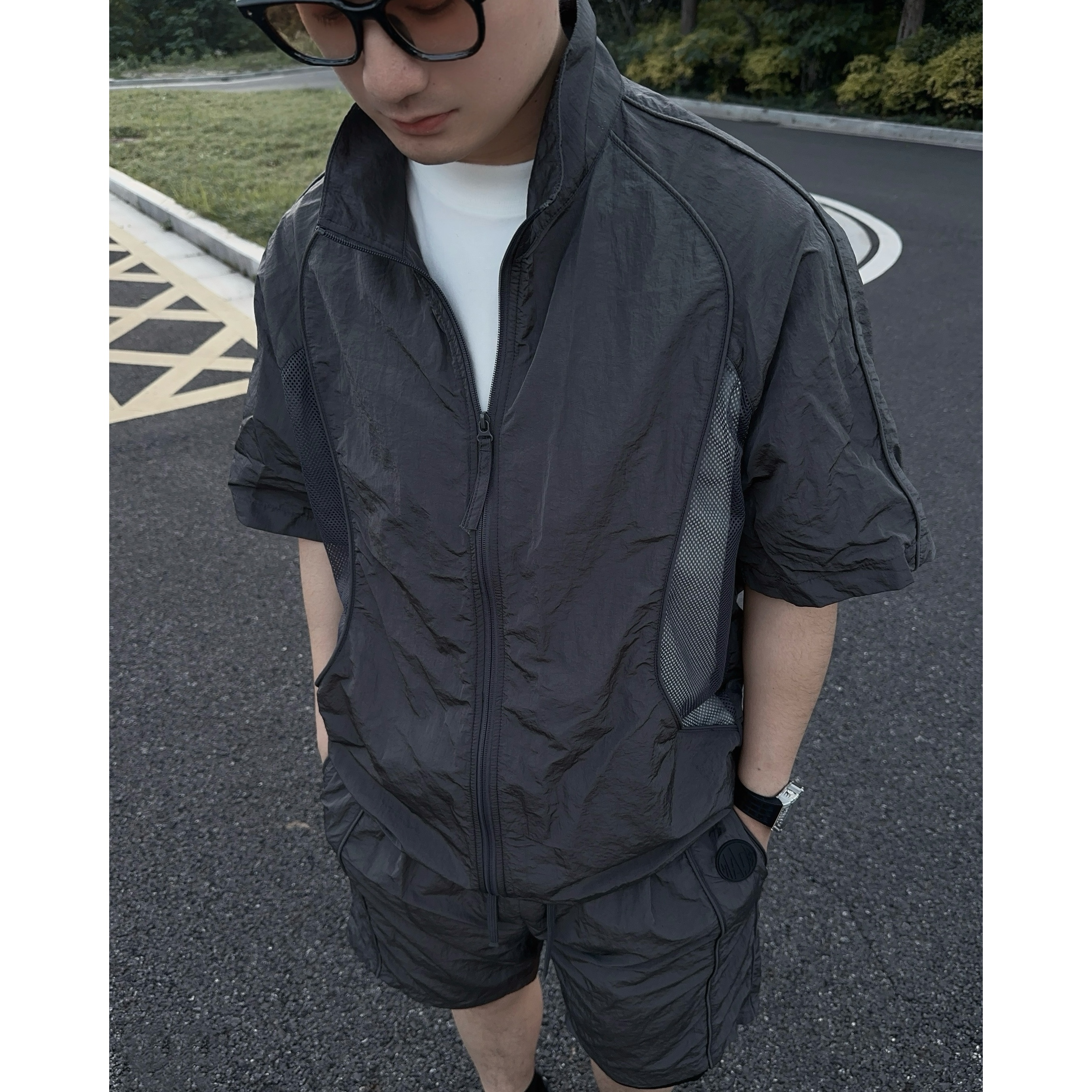 【套装】短袖短裤 设计师款 透气网孔 超薄速干