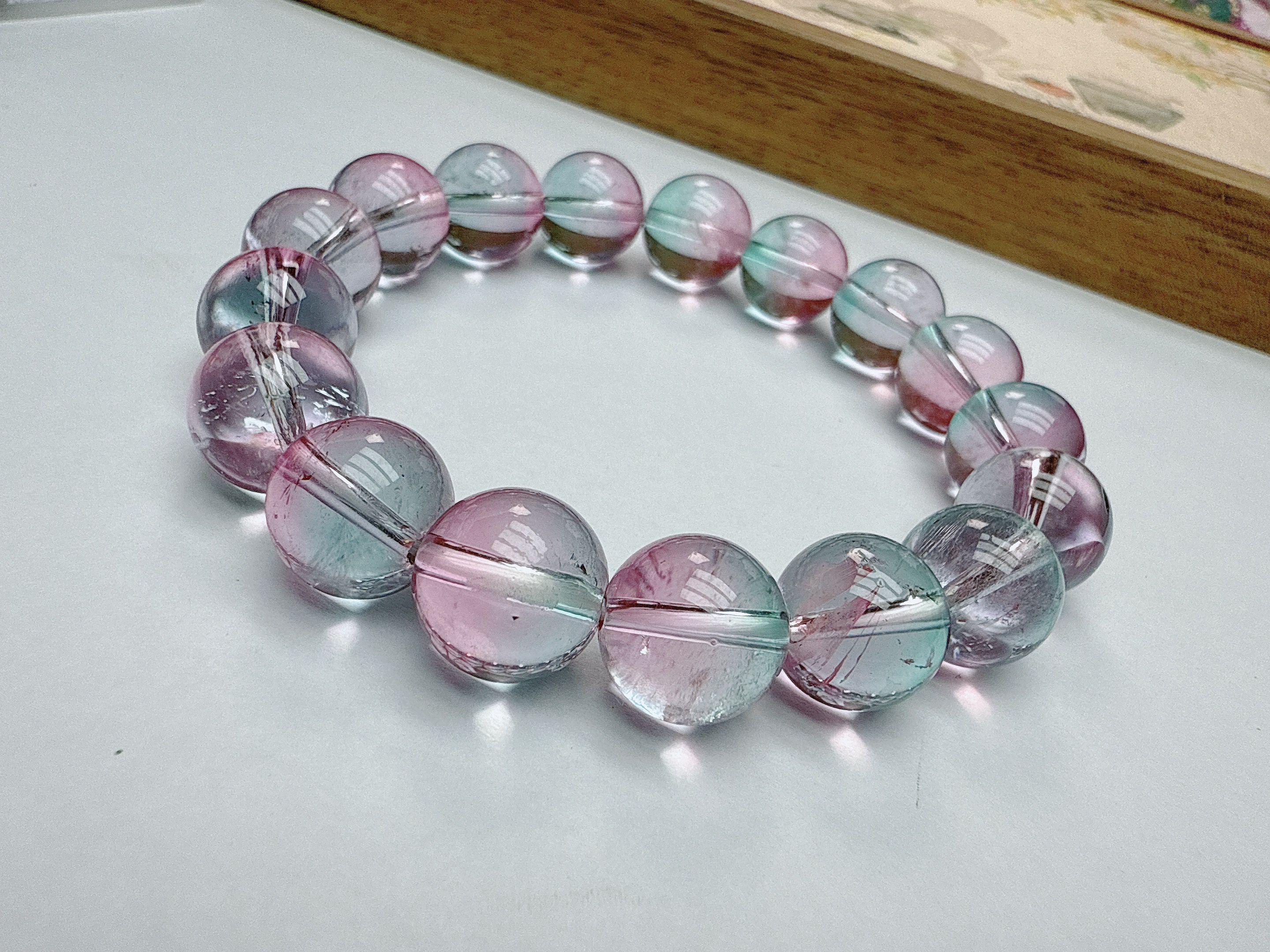 【原矿正品  清雅飘逸】粉绿西瓜色系 12mm 碧碧  手链 Q1936