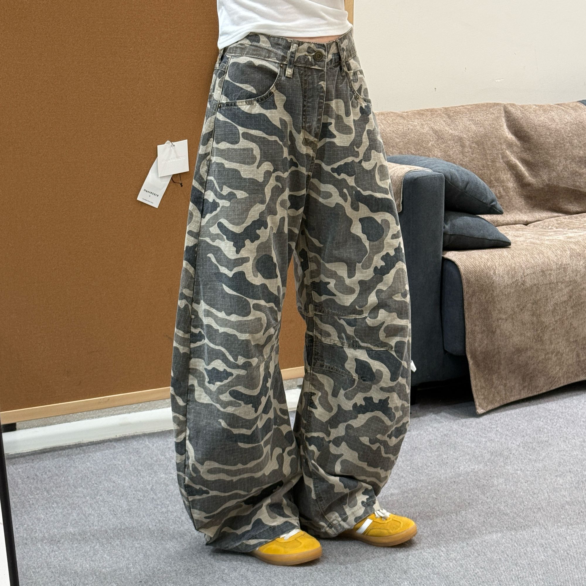 娜娜自制【荒漠迷彩】街头潮流女高腰显瘦宽松阔腿弯刀工装