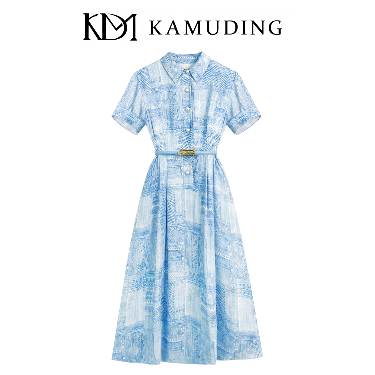 KAMUDING2025新款浅蓝色显瘦拼接修身优雅设计感连衣裙8773