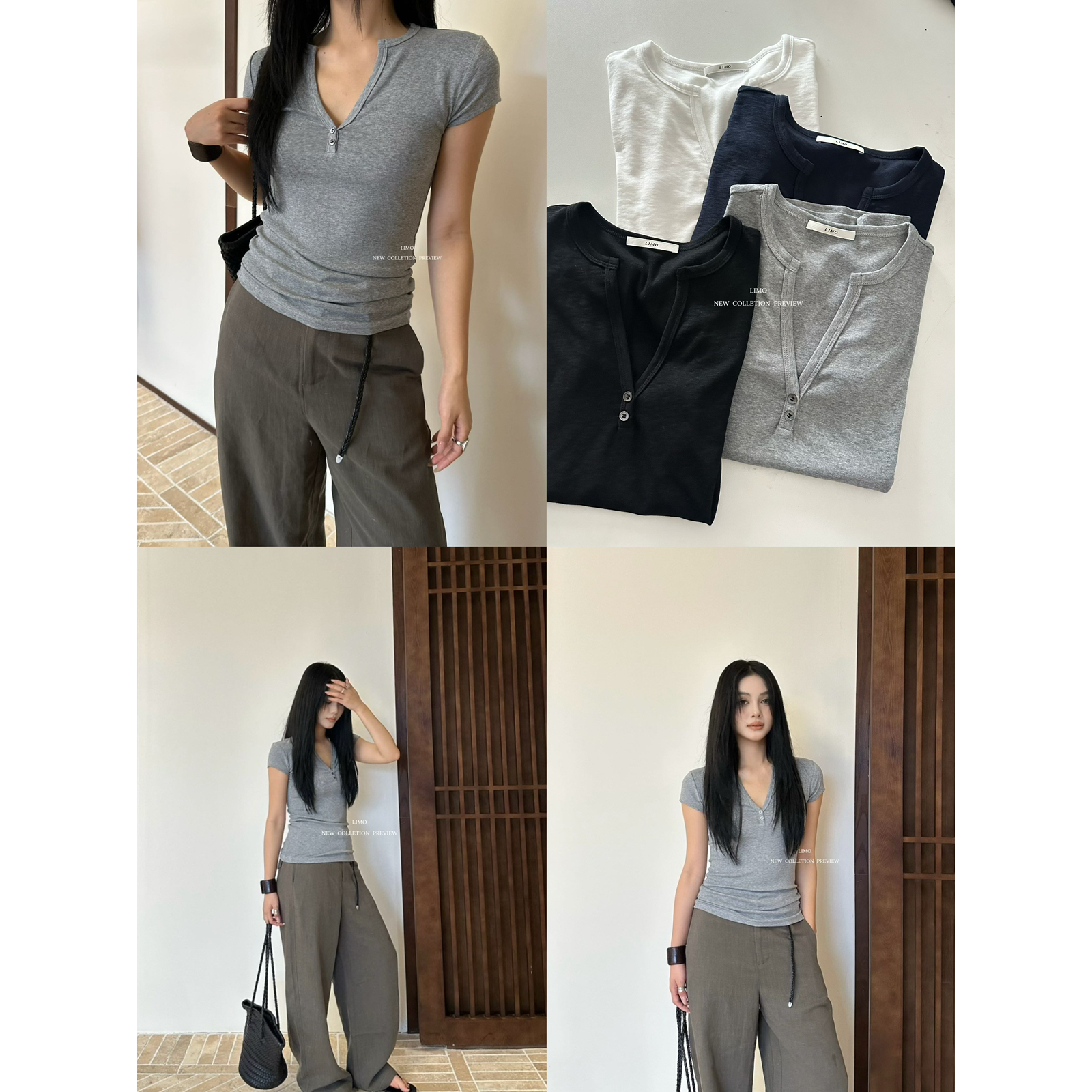 美树【LIMO】显瘦两扣小V领短袖T恤  5688#