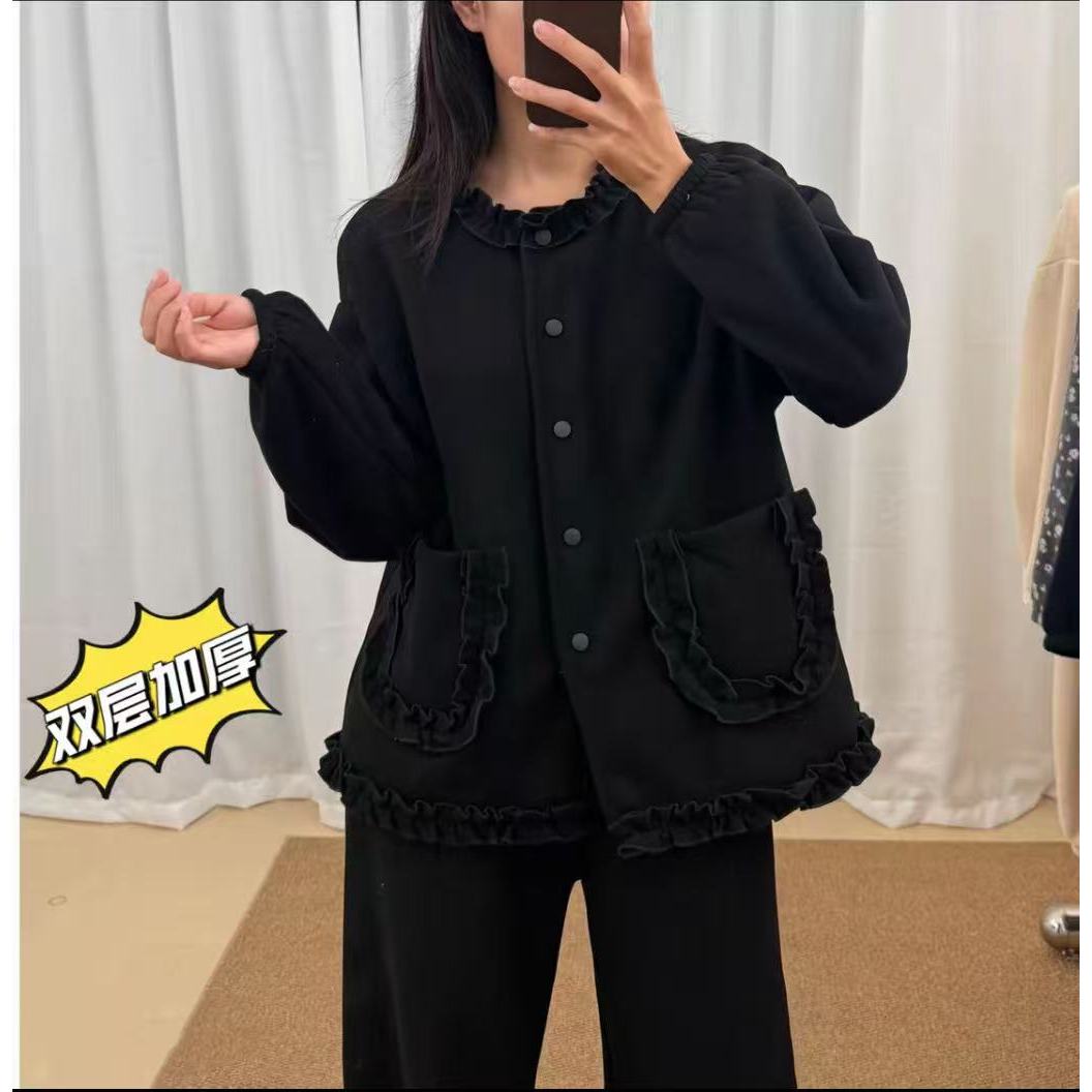 花嫂家秋冬新款双层加绒加厚领口花边显瘦可外穿家居服套装2626