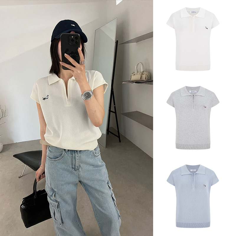 Moses Queen/魔西女王法式翻领刺绣针织小衫小飞袖洋气显瘦上衣女