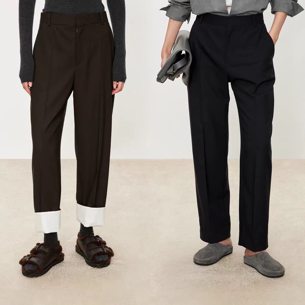 精纺羊毛脚口白色翻边垂感工艺直筒裤显瘦长裤黑色百搭高腰宽松