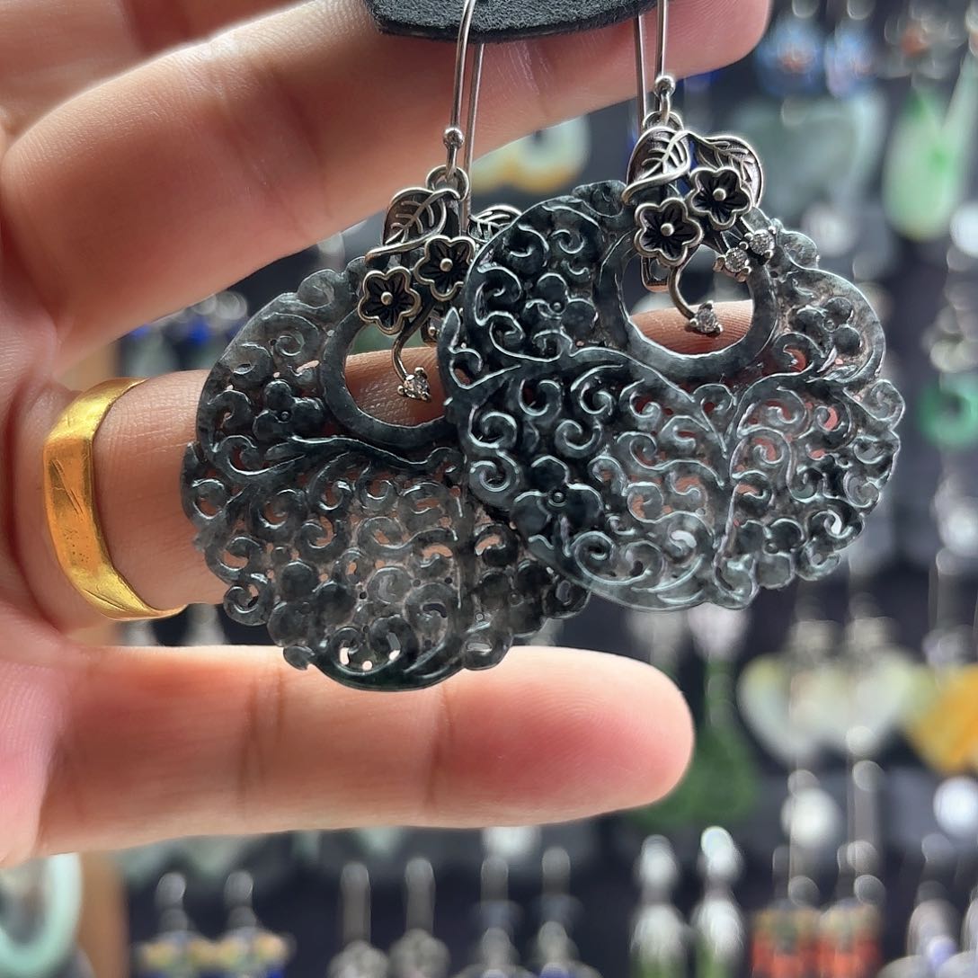 翡翠银S925镶嵌耳饰楠*