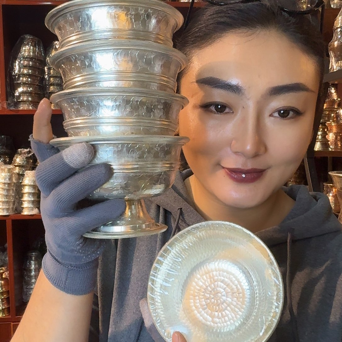 铜尼泊尔纯手工纯白铜鎏银供水碗7个13cm