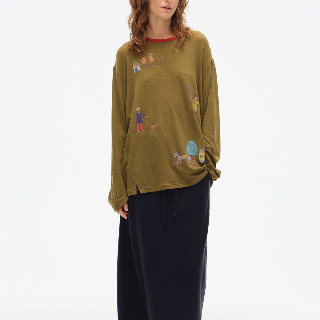 fafamoon设计师品牌 2025秋季新品女士“点灯人”印花宽松长袖T恤