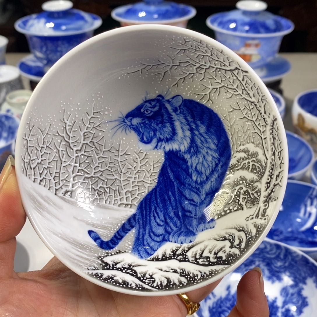 瓷片青花老虎主人杯杯