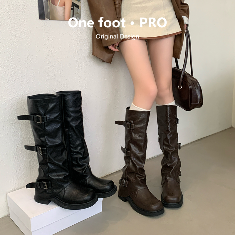 复古西部牛仔靴女2025新款皮带扣长筒靴女褶皱堆堆靴骑士靴831-1