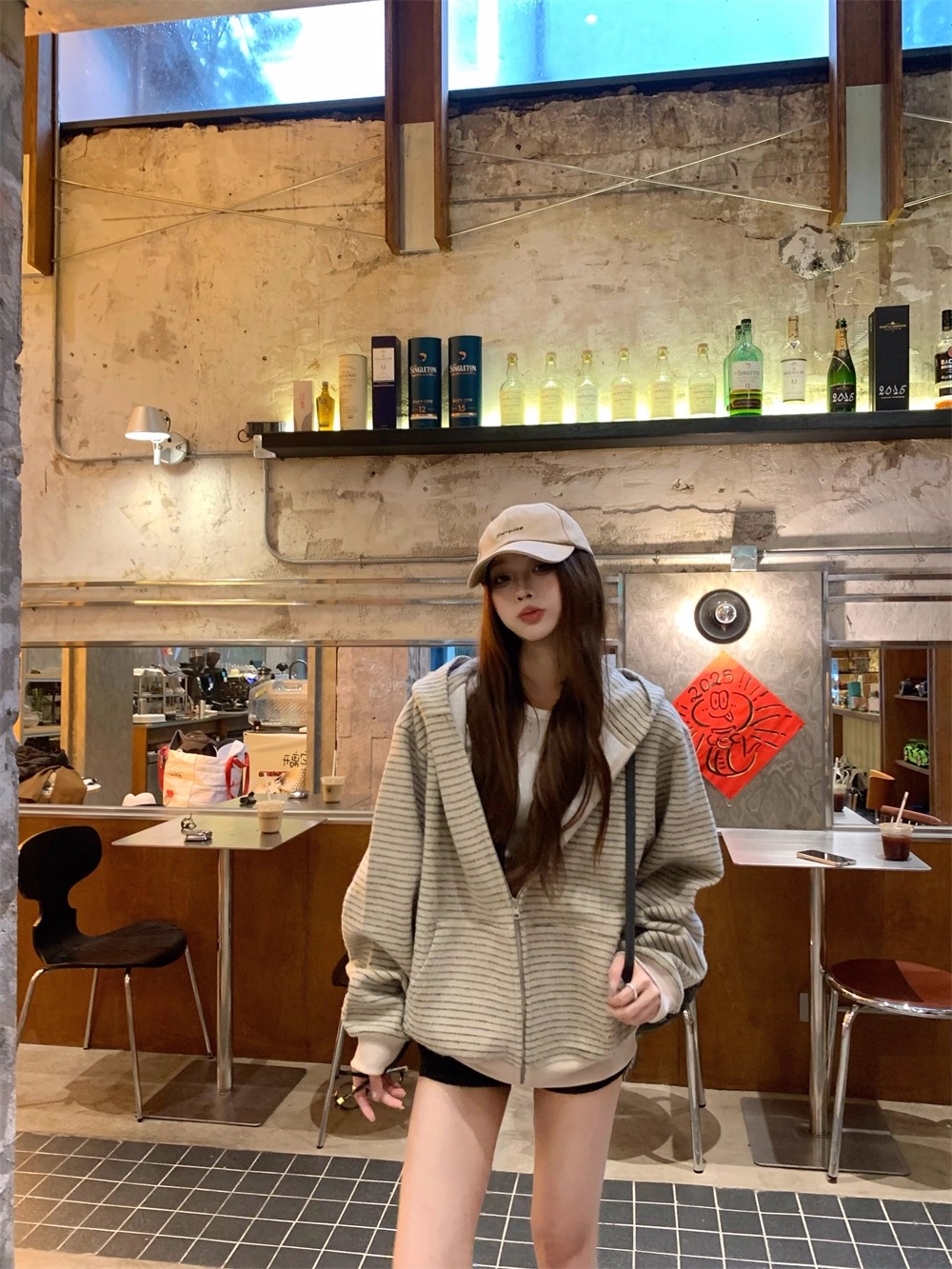 美式复古韩系连帽卫衣外套女秋季慵懒风宽松条纹撞色开衫百搭上衣
