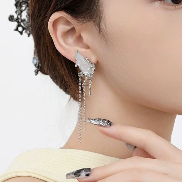 合金锆石耳饰 超仙白色流苏翅膀轻奢耳环高级感ins原创时尚小众