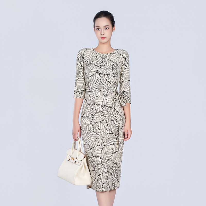 PL优雅高级风高弹力常规秋季拉链连衣裙优雅中长款修身长裙PL9001