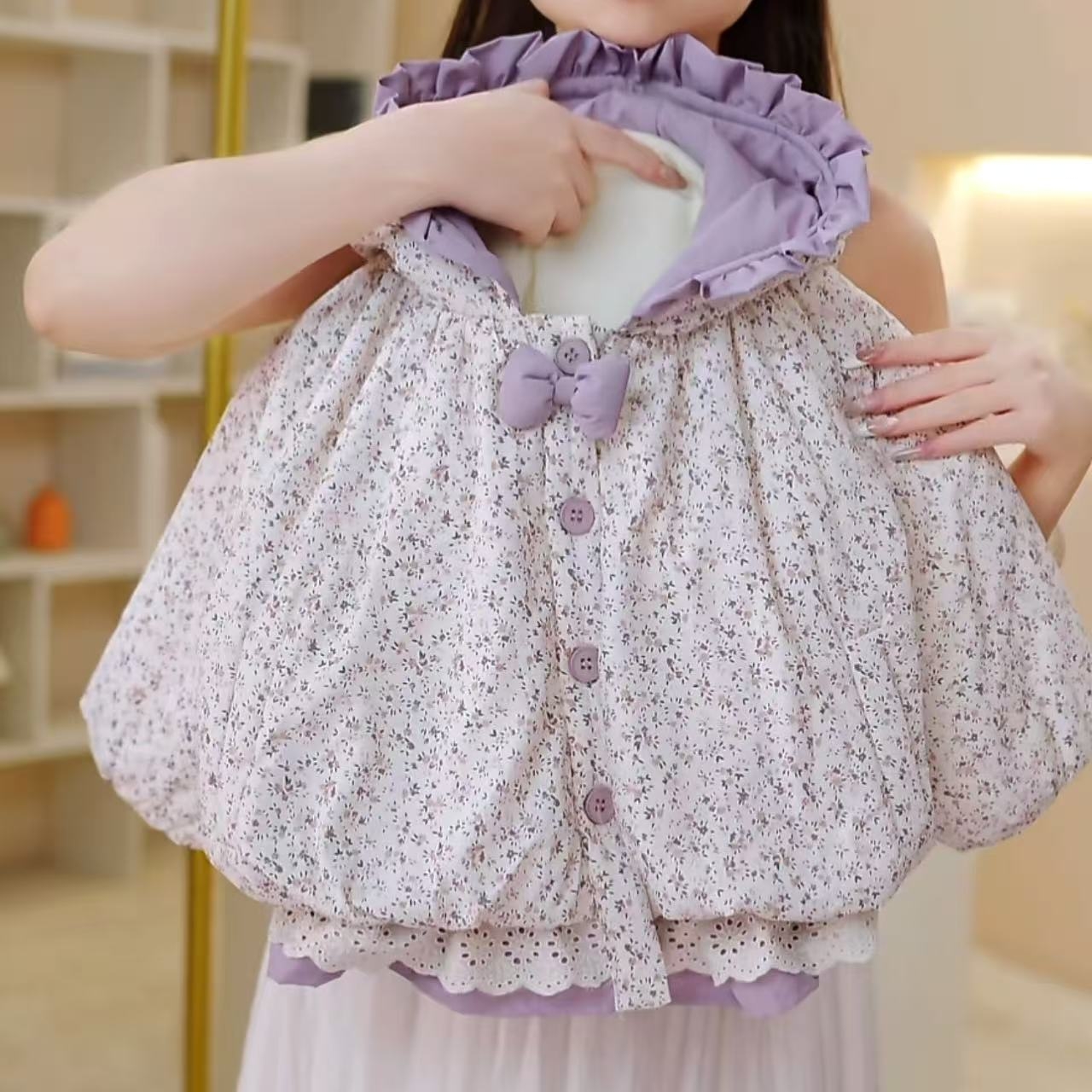 2025冬装新款女童韩系碎花棉服加绒外套女宝宝连帽夹棉保暖上衣