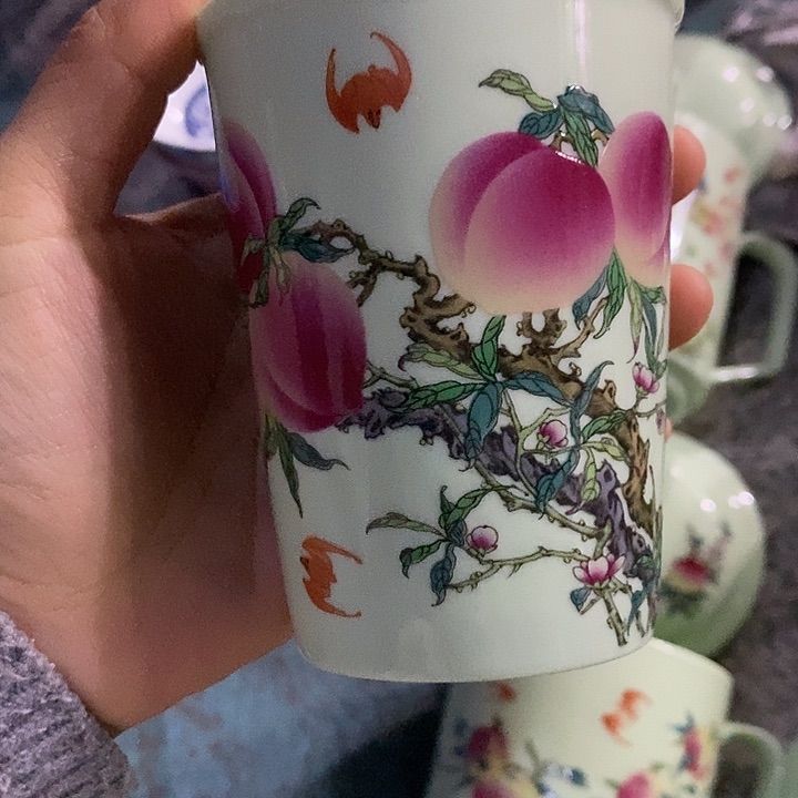 摆件陶绿稀土寿桃可乐杯