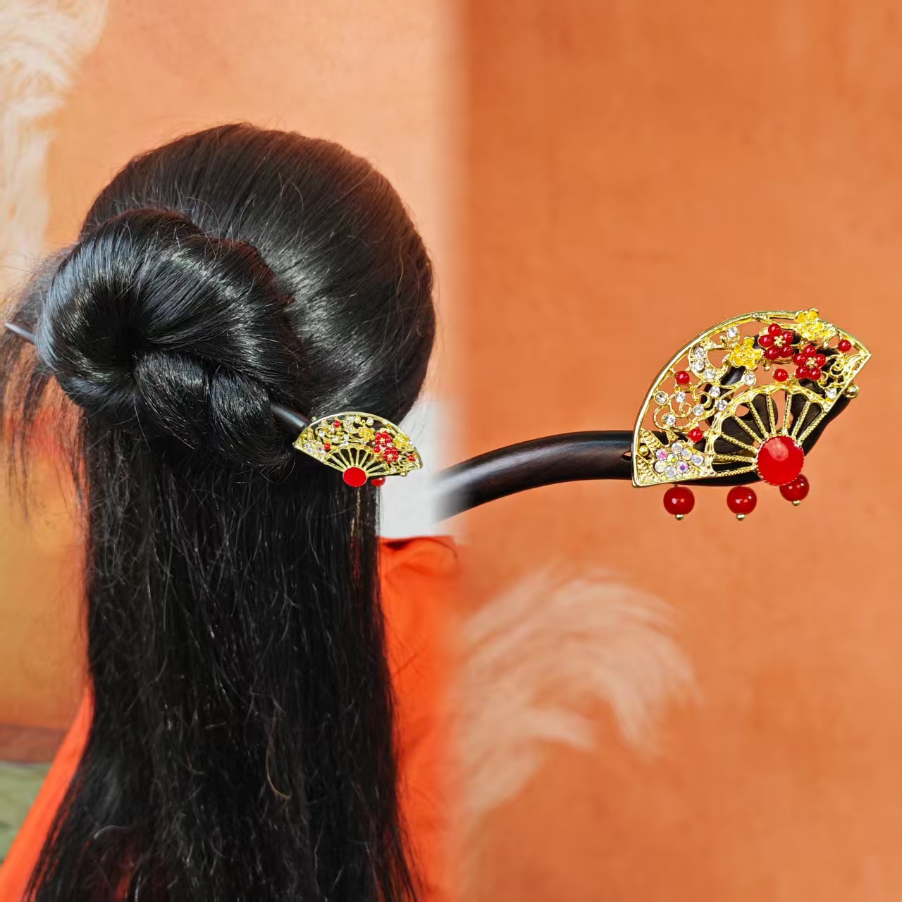 K464单簪红色扇子原创设计手工款18公分发簪