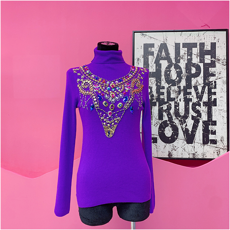 A4750欧美风设计师2025冬季新款重工刺绣钉钻高领弹力针织打底衫