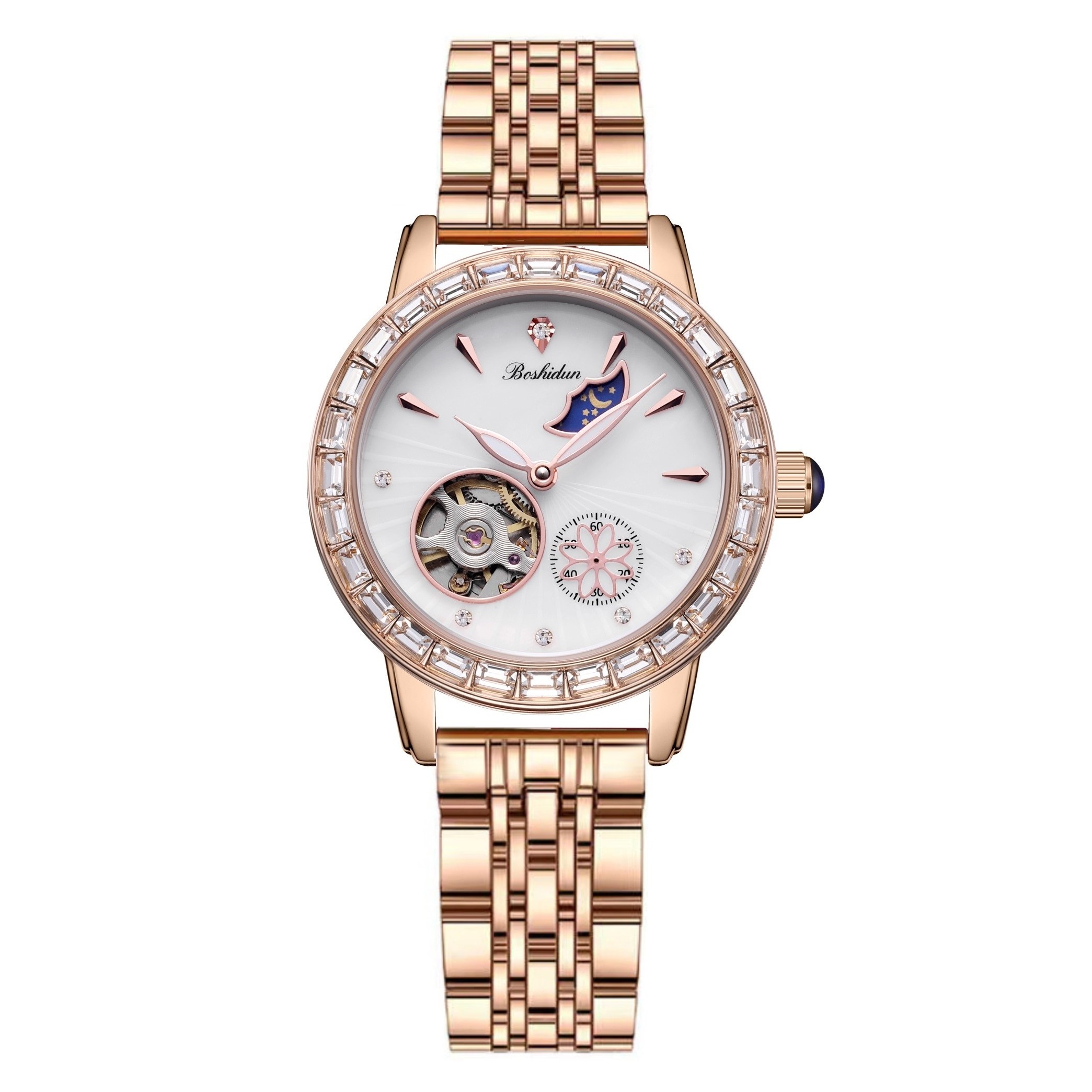 百搭手表气质轻奢日月星辰镂空全自动机械钢带女士表9112L专属