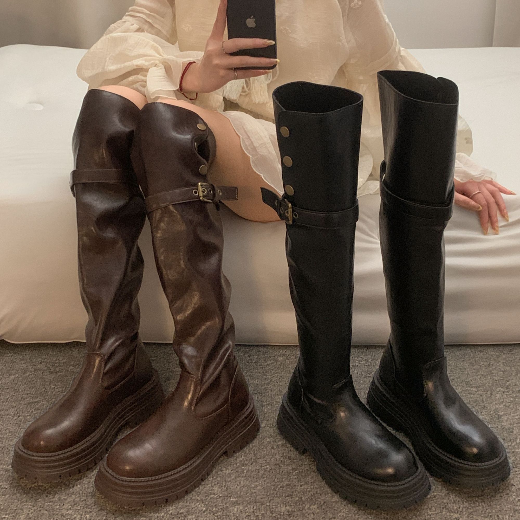 【贾不假】过膝长靴女2025新款秋季英伦风显瘦百搭小个子厚底瘦瘦靴